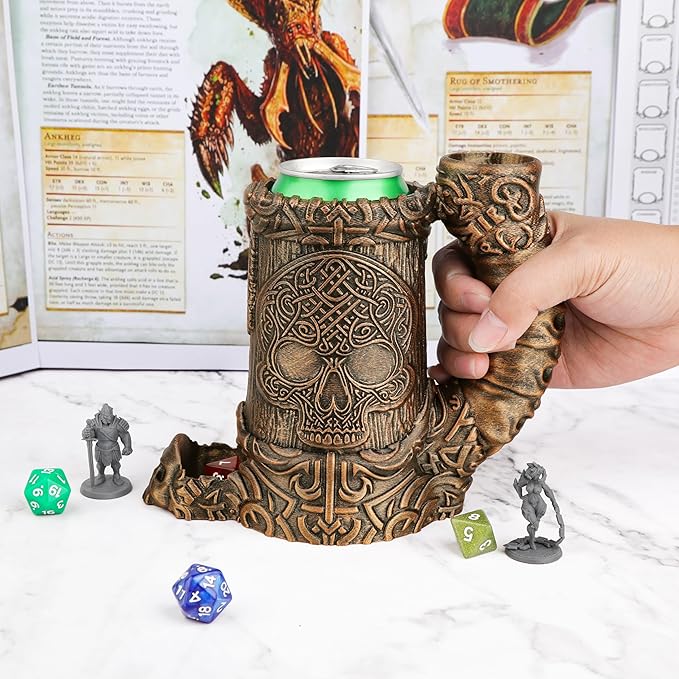 DND Dice Tower – Hand-Painted Dice Rolling Tower for Tabletop RPGs – Gothic Dice Storage, Pen Organizer, and Beverage Holder Perfect for Dungeons & Dragons TTRPG Games (RF286C Skull Cup Bronze)