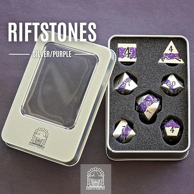 Sage's Portal Metal Riftstone DND Dice 7-PC Polyhedral Dice Set for DND TTRPG Dungeons and Dragons Pathfinder Oversized Designer Dice (Pearl Silver/Purple)