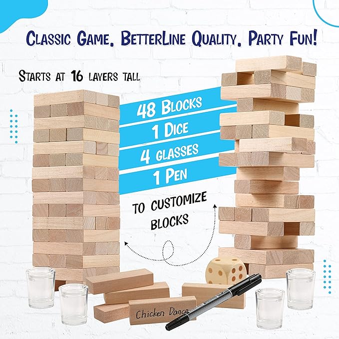 BETTERLINE Wooden Tower Stacking Blocks Drinking Game - 48 Pieces - Tumbling Tower for Adults - Friends Party Game, Bachelor Party, Bachelorette Party (48 Pieces)