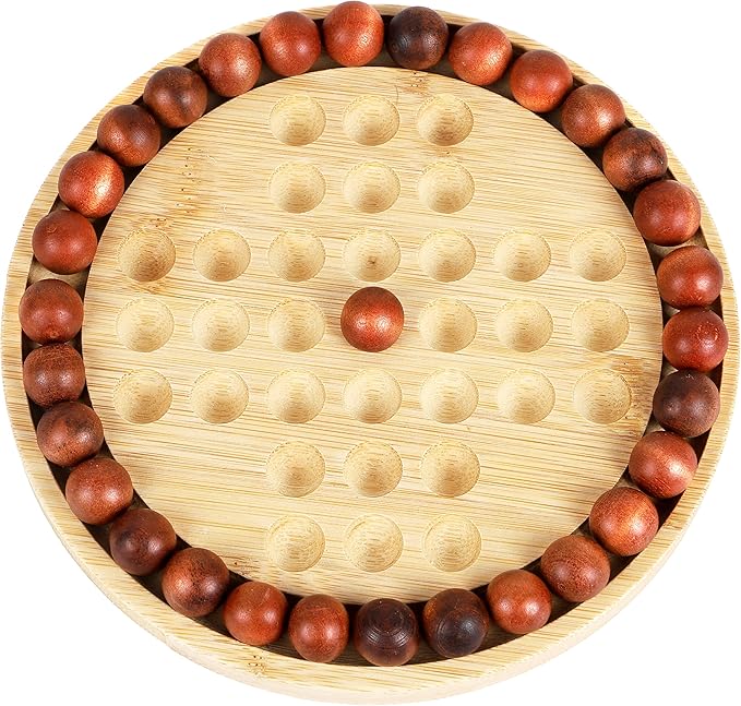 TOWO Wooden Solitaire Game –Peg Solitaire Puzzle Toy - Classic Board Game Marble Chess Mind Game 22.5 CM 8.8” Round Board with Wooden Balls One Player Gameplay Brainteaser Puzzle
