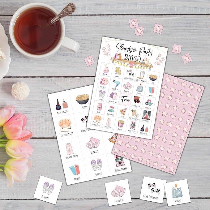Slumber Party Bingo Games - Girls Sleepover Party Bingo Card - 24 Players Bingo Game Set for Adult Family Friends - Pajama Party Activities - Bridal Shower Party Favors Supplies -C04