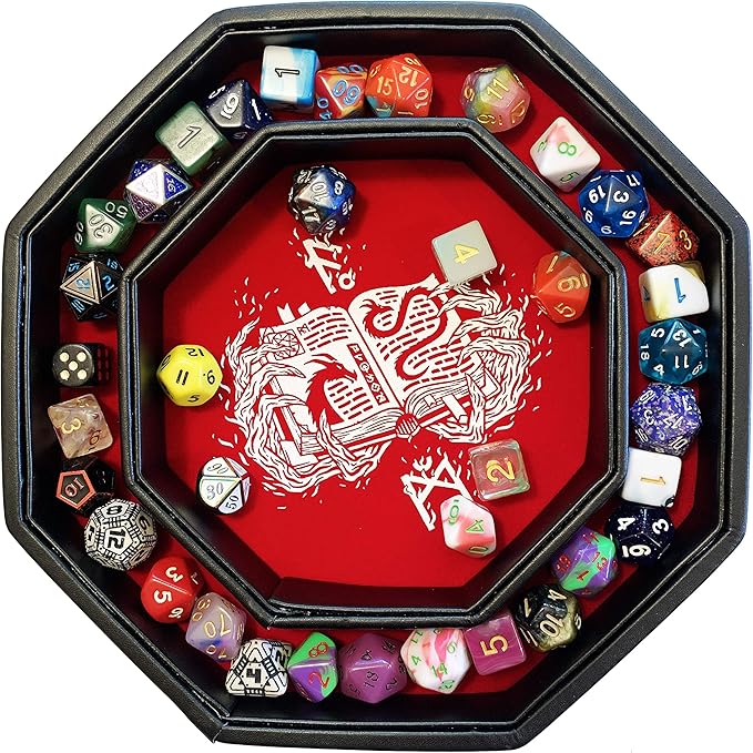 Red Fire Dragon Dice Tray with Wizard Book Print – 9" Octagon with Dice Staging Area, Holds 5 Dice Sets – Perfect for D&D, Call of Cthulhu, Shadowrun, and All Tabletop RPGs