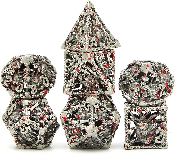 Hollow Bloodstain Multi-Eyed Monster Metal DND Game Dice 7Pcs Set for Dungeons and Dragons RPG MTG Table Games D&D Pathfinder Shadowrun and Math Teaching(with Metal case)