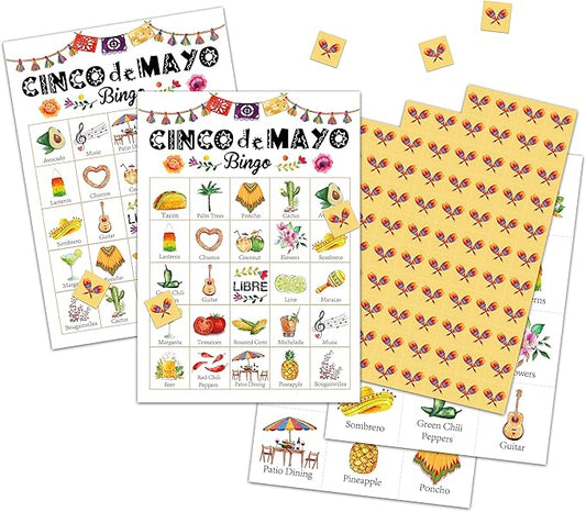 Fiesta Bingo Cards, Mexican Theme Game for 24 Players, Taco Party Bingo Game Cards, Family Friends School Activities, Cinco De Mayo Party Favors Supplies Decorations(A05)