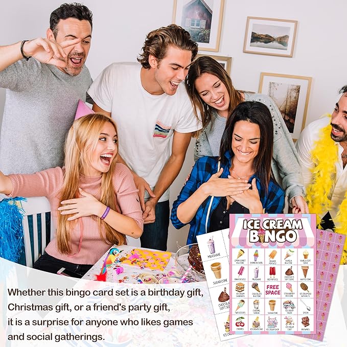 Ice Cream Bingo Card, Sweet Treats Bingo Game for Adults Family Friends, Summer Party Favors Decorations, Ice Cream Game for Birthday Party, Holiday Games for 24 Players -18