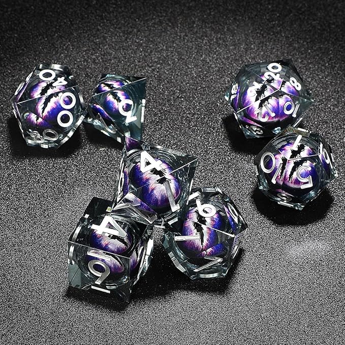 Dragon Eye Liquid Core Resin Dice Set 7 PCS Sharp Edges Handmade Craft with Gift Box Perfect for Dungeons and Dragons DND (Black-Purple)