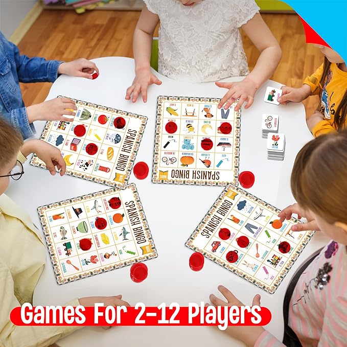 Spanish Bingo Game, 12 Vocabulary Bingo Board Game Bilingual Word Learning Educational Toys for Words Learning - Ages 5 and up (Up to 12 Players)