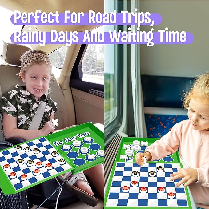 2 in 1 Checkers Set, Magnetic Game Board -Checkers & Tic-Tac-Toe, Thick Foam Checker Road Travel Game with 59 Reward Stickers for Young Kids Aged 3+