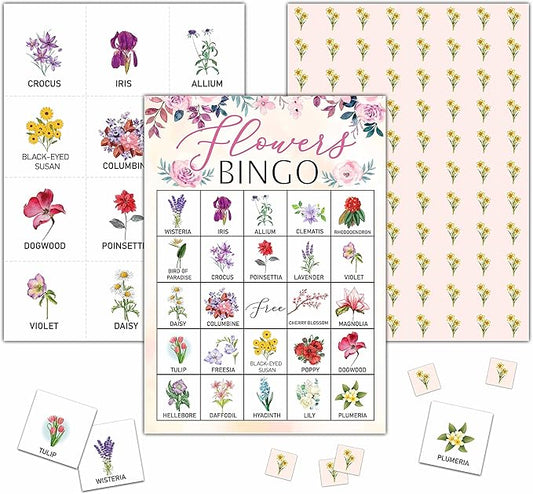 Flowers Bingo Game - Blush Pink Floral Bingo Card - 24 Players Bingo Game Set Indoor Outdoor Activities - Tea Party, Bridal Shower, Birthday Party Favors Supplies -A02