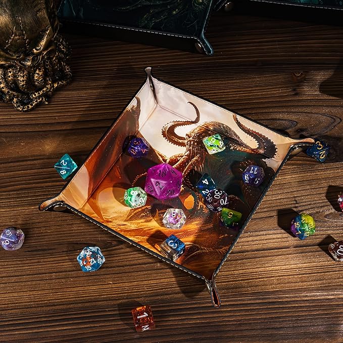 DND Dice Rolling Tray PU Leather Dice Trays Square Desk Organizer Accessory Case for Desktop Storage and RPG Board Games, Jewelry Valet Tray for Women and Men
