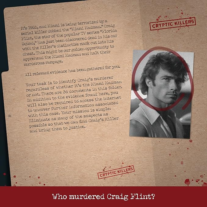 Unsolved murder mystery game - Cold Case Files Investigation - CRYPTIC KILLERS - Detective clues/evidence - Solve the crime - For individuals, date nights & party groups - "Murder in Miami"