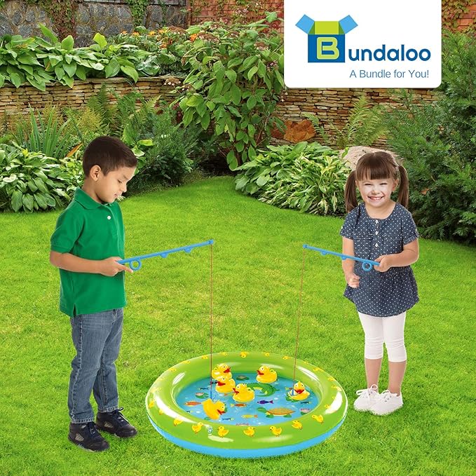 Bundaloo Duck Fishing Game Contest - Fun Carnival Game and Outdoor Party Toy for Kids - Inflatable Pond, 2 Rope Fishing Poles With Hooks, 6 Floating Ducks