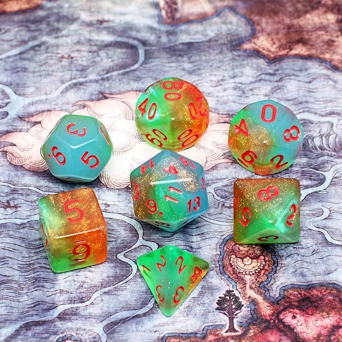DND Dice Set with Dragon Totem Metal Gife Case, Dungeons and Dragons Dice Set,Polyhedral Dice Set Filled with Shiny Glitters,Role Playing Games and Tabletop Games (Green&Sky Luminous)