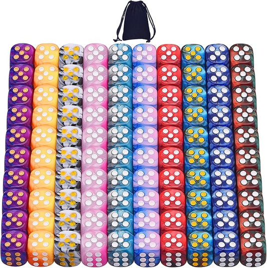 AUSTOR 100 Pieces 12mm Dice 6 Sided Game Dice Two Tone Round Corner Dices Tiny Dice for Tenzi, Farkle, Yahtzee, Bunco or Teaching Math with a Drawstring Storage Bag