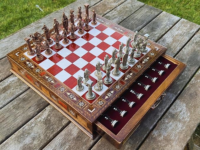 15’’ Handmade Chess Set with British Army Metal Chess Pieces, Luxury Storage Chess Board, for All Ages, Ideal for Father, (Rose)