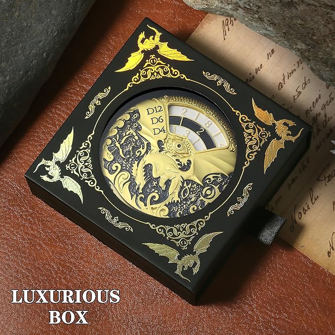 Dragon Roulette Spinner Dice DNDND 7-in-1 Fidget Spinner Metal DND Dice Set with Luxurious Gift Box for Dungeons and Dragon and Tabletop Game (Gold with Black)