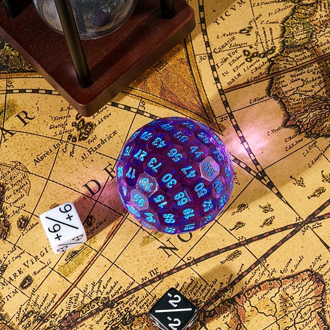 Upgraded D100 Die - 100 Sided Polyhedral Dice 50mm for D&D Games - Single Cube With Metal Storage Tin (T Purple/Blue Font)