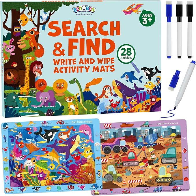 BenBen Preschool Learning Activities, 28 Pages, Search and Find Books, Travel Game for Road Trip, Kindergarten Educational Toys, Birthday Gift for Kids Toddlers Ages 3 4 5 6