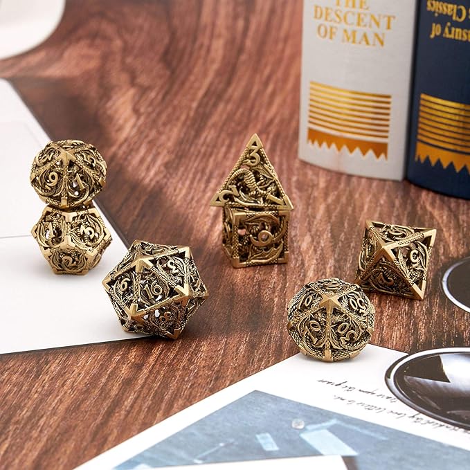 Hollow Metal DND Game Dice Dragon Shape Carved Antique Iron 7Pcs Set for Dungeons and Dragons RPG MTG Table Games D&D Pathfinder Shadowrun and Math Teaching (with Metal Case) ?-