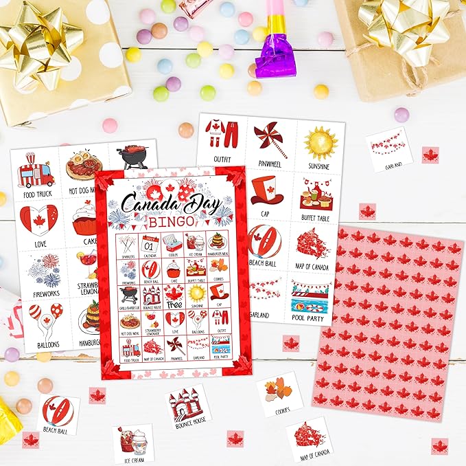 Canada Day Bingo Games, Travel Trip Bingo Cards, 1st of July Canada Theme Party Game for Adults Family, Christmas Party Activities, 24 Bingo Sets, A002