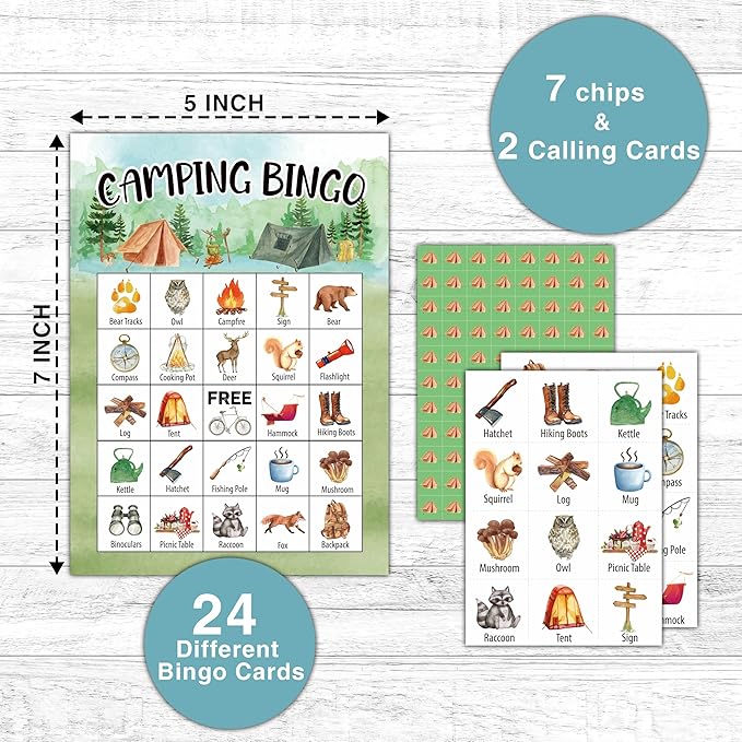 Camping Bingo Games - Camp Adventure Party Bingo Card - 24 Players Bingo Game Set for Adult Family Friends Colleagues - School Classroom Outdoor Activities - Nature Party Favors Supplies -C09