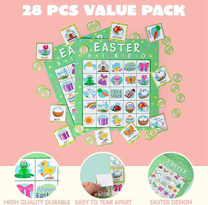 JOYIN 28 Players Easter Bingo Cards (5x5) for Easter Party Goodies Games, Kids School Classroom Gift, Indoor Family Activities, Basket Filler Stuffers