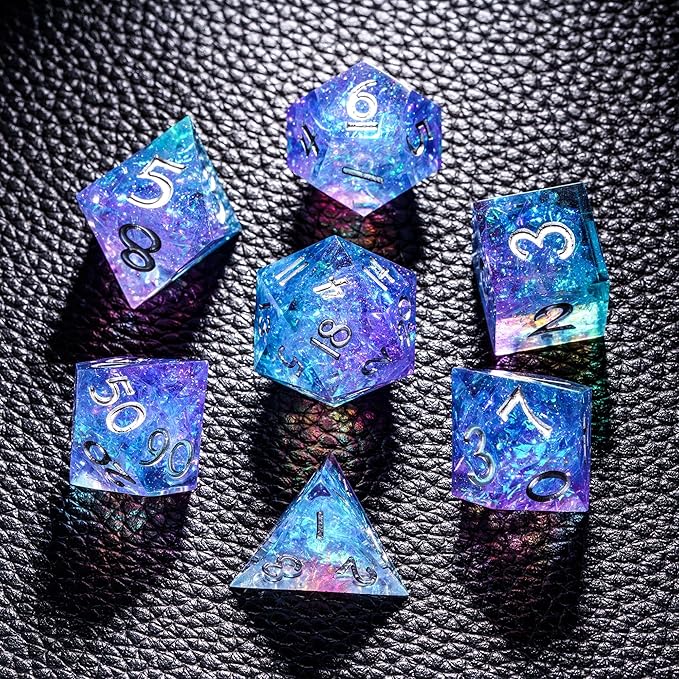 7PCS DND Dice Set,Handmade Sharp Edge Dice Set D&D RPG Polyhedral Die,for Dungeons and Dragons TTRPG Games Roleplaying Games Pathfinder,with Gift Box(Purple and Blue)