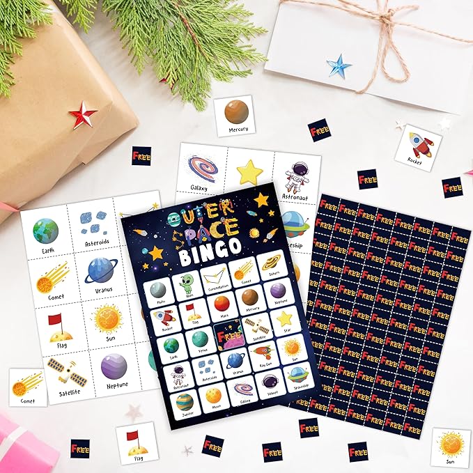 Outer Space Party Bingo Card, Solar System Birthday Bingo Game for Adults Family Friends, Astronomy Games Set for Birthday Party, Holiday Games for 24 Players -04