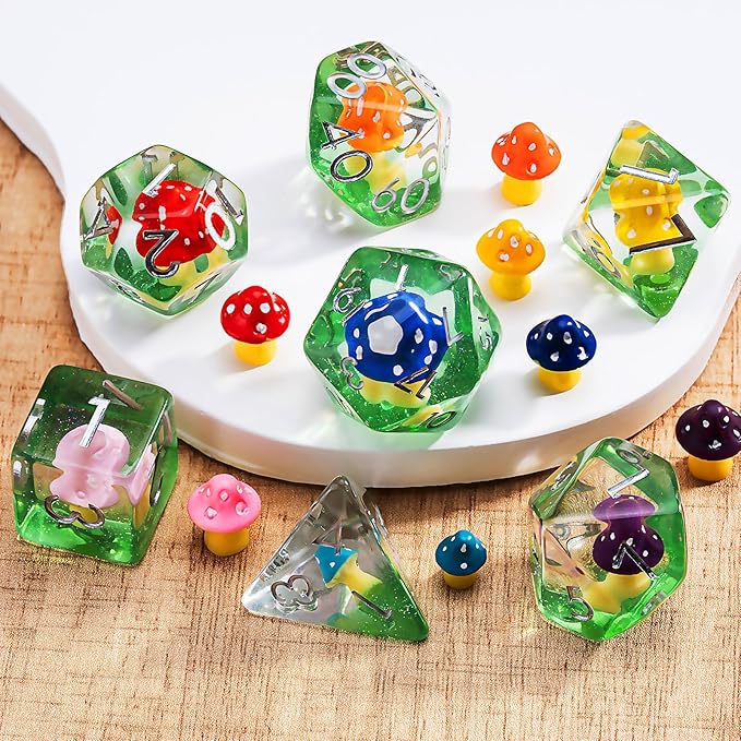 D&D Resin Mushrooms Dice Set, Polyhedral DND Dice Colored Mushrooms Inclusion Dice for Dungeons and Dragons MTG RPG Board Games