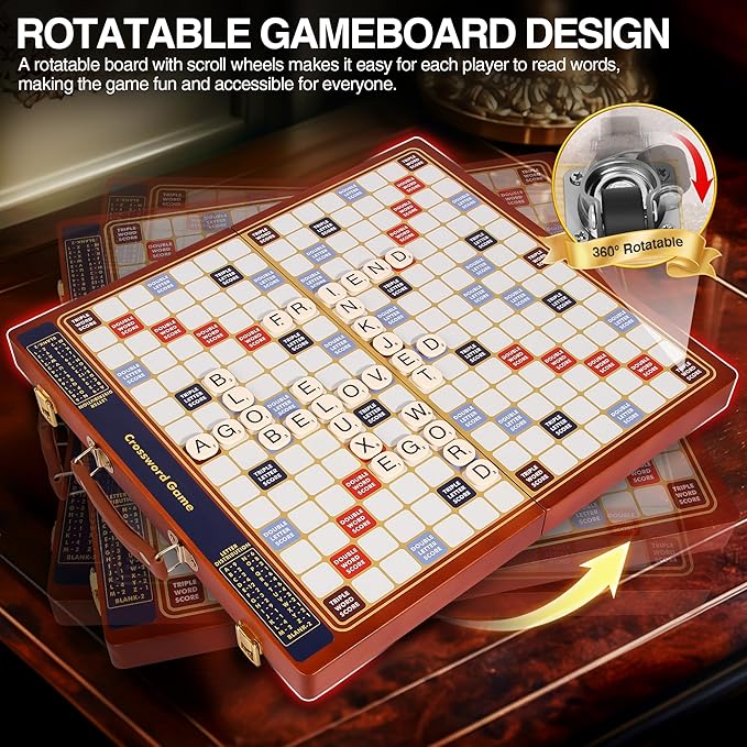 Crossword Game with Magnetic Letter Tiles, Foldable Board into Portable Carry Case, Luxury Edition Word Building Game with Rotating Wooden Board, Educational Family Game for 2-4 Players