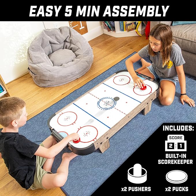 GoSports 40 Inch Table Top Air Hockey Game for Kids - AC Outlet Powered Motor – Oak or Black
