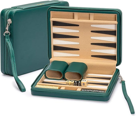 Yellow Mountain Imports Travel Size Backgammon Mini Game Set, Izmir - Magnetic Checkers and 9-inch Board in Sleek Leatherette Case - Classic Strategy Board Game