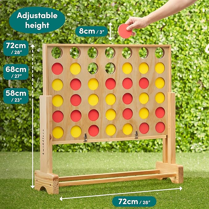 THE TWIDDLERS - 2.4ft Giant 4 in a Row Connect Game with Adjustable Height & Carry Bag (Wooden) | Jumbo Four in a Row Game for Kids and Adults, Outdoor Yard Game, Large