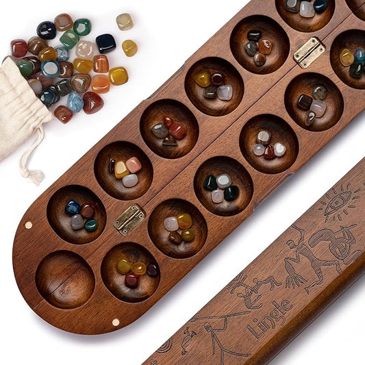 Deluxe Mancala Board Game Set - Real Wood Hinged Folding Board with 48 Mixed Natural Gemstones, Authentic African Petroglyphs, Foldable Design for 2-Player Strategy Game, Portable Game