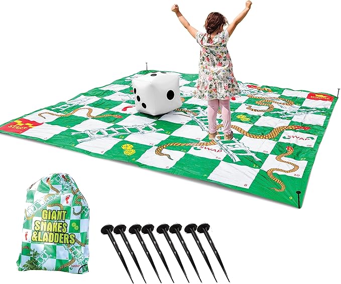 Upper Midland Products Giant Snakes & Ladders Game 9.8 x Foot Life Size Playing Mat with 8 Ground Pegs A Large Inflatable 15'' Dice, Storage Carrying Bag - Yard Games for The Whole Family