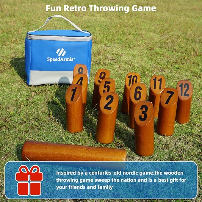 Wooden Throwing Game - 12 Numbered Block Toss Games Set with Scoreboard & Carrying Case, Indoor Tailgating Bowling Yard Activity‌ for Teens Adults Family