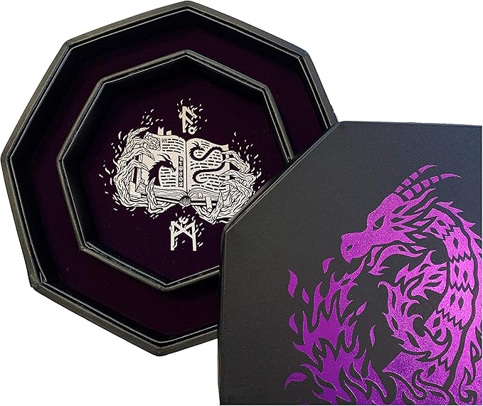 Purple Fire Dragon Dice Tray with Wizard Book Print – 9" Octagon with Dice Staging Area, Holds 5 Dice Sets – Perfect for D&D, Call of Cthulhu, Shadowrun, and All Tabletop RPGs