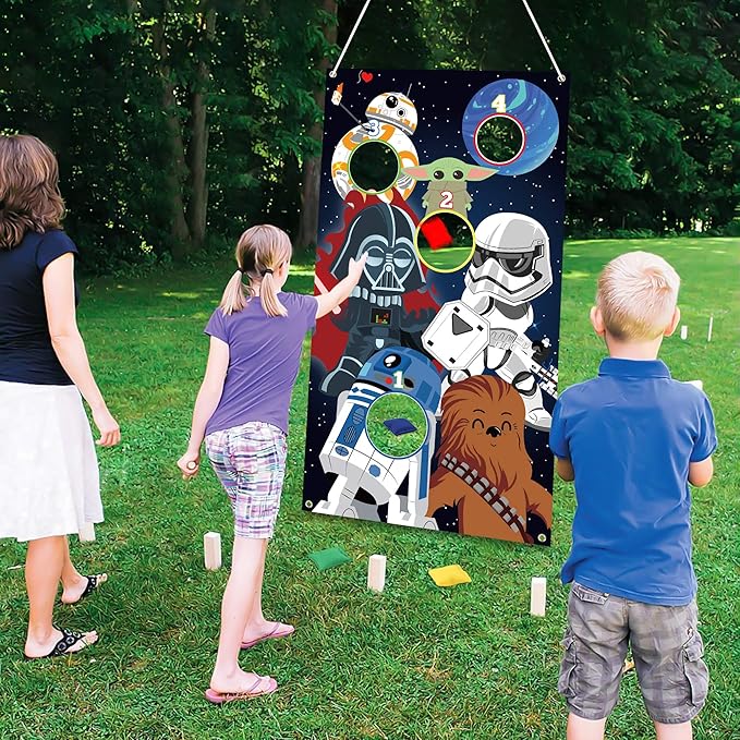 Galaxy Wars Toss Games with 4 Bean Bags - Indoor Outdoor Fun Throwing Game Backdrop Banner Party Activities Space Galaxy Wars Themed Birthday Party Favors Supplies Decoration for Kid Adult