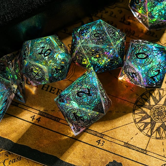 Cusdie 7-Die Sharp Edges DND Dice Set, Magic Circle Pattern Polyhedral D&D Dice Set for DND Dungeons and Dragons TTRPG Role Playing Games