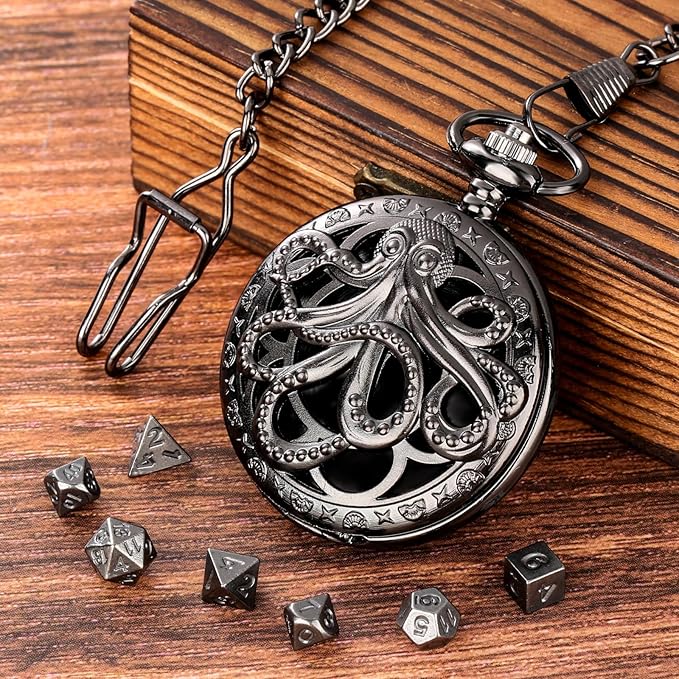 Mini DND Dice Set With Steampunk Hollow Octopus Pocket Watch Shell Case, 7pcs Polyhedral Metal Dice Set, D&D Gifts With Gift Box, Role Playing Board Games Accessories, Black