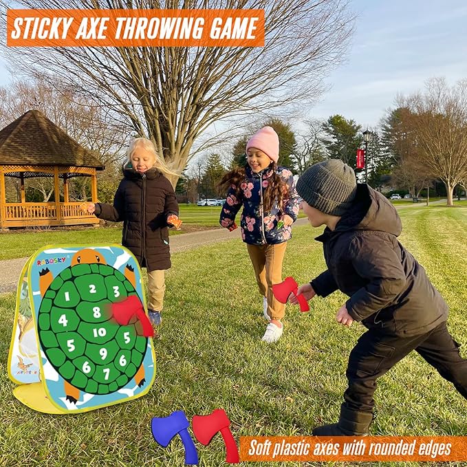 3-in-1 Dinosaur Toss Games for Kids Ages 4-8, Outdoor Outside Toddlers Toys for 2 3 4 5 Years Old Boy Gifts Birthday Valentines Easter Christmas, 6 Fruit Bean Bags, 2 Axes Throwing, 6 Sticky Balls