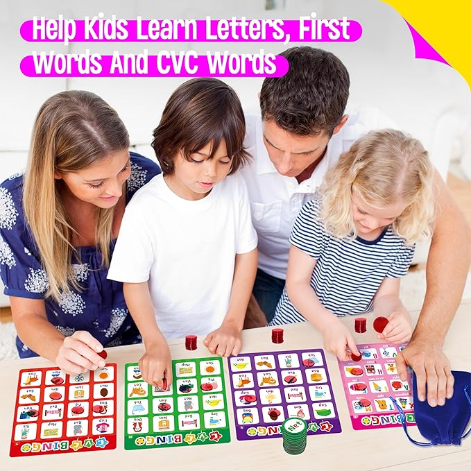 SpriteGru Alphabet & CVC Bingo Game, 12 Bingo Board ABC Letters, CVC Words Phonetic Game, Letters Phonetic Awareness Early Educational Learning Toys - Ages 4 and up, Perfect for Classroom & at Home
