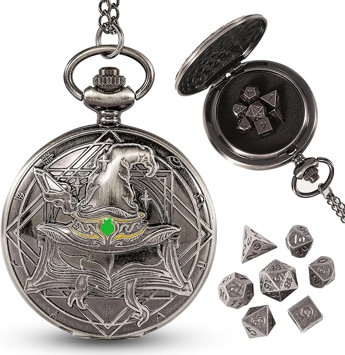 D&D Dice Set,7PCS Metal Dice for Dungeons and Dragons,Mini Dice Set with Pocket Watch Case,Role Playing Board Games Accessories (Wizard, Ancient Silver)