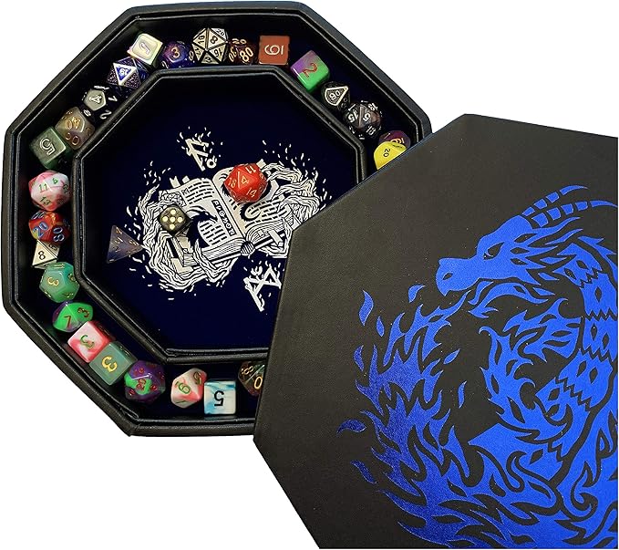 Blue Dragon Dice Tray with Spell Book Print – 9" Octagon with Lid and Dice Staging Area, Holds 5 Dice Sets – Perfect for D&D, Call of Cthulhu, Shadowrun, and All Tabletop RPGs