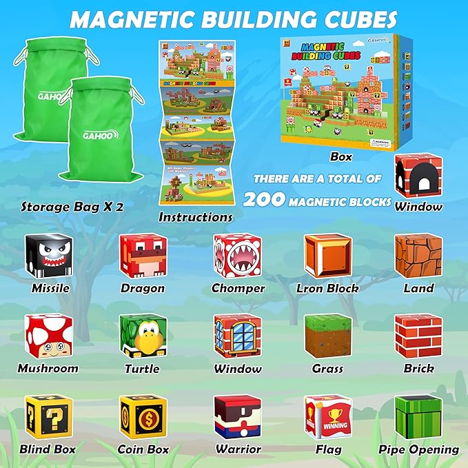Magnetic Blocks - 200PCS Build 3D Magnet Building Toys World with Magnetic Tiles, STEM Kids Sensory Toys, Toy Magnet Building Set B-Day Gifts for Age 3 4 5 6-10 Year Old Boys Girls