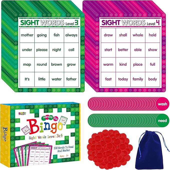 Sight Word Bingo Game, 120 Sight Words Learn to Read Level 3 & Level 4 Bingo Board Game Dolch's & Fry's Words Lists for Kindergarten and Preschool Kids 5+, Perfect for Classroom & at Home