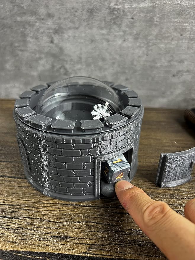 MunnyGrubbers Castle Dice Popper V2 - Jail For Board & TTRPG Games - Black, Random 7PCS D20 Dice Set Included, Tower, Holder