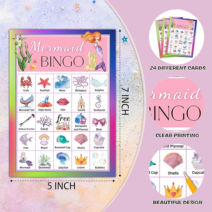 Mermaid Bingo Cards, Mermaid Bingo Games for 24 Players, Under The Sea Party Games for Family Friends Large Group Activities, Birthday Party Favors Supplies Decorations(27)