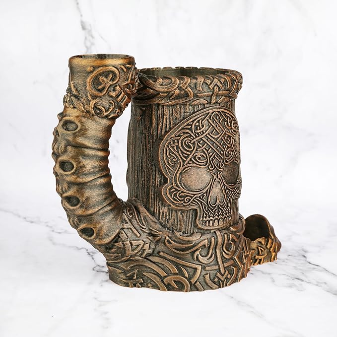DND Dice Tower – Hand-Painted Dice Rolling Tower for Tabletop RPGs – Gothic Dice Storage, Pen Organizer, and Beverage Holder Perfect for Dungeons & Dragons TTRPG Games (RF286C Skull Cup Bronze)