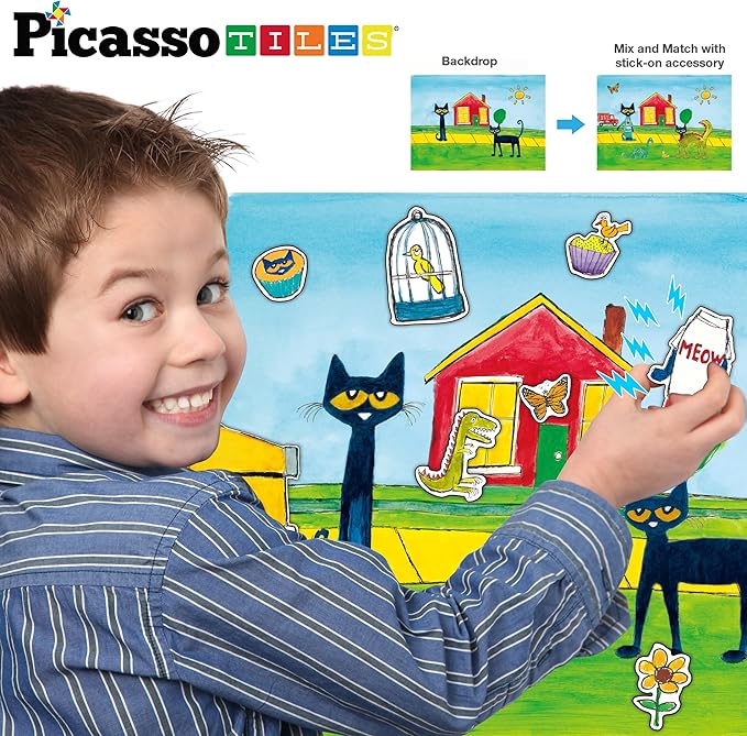 PicassoTiles Pete The Cat Board Game Puzzle Activity Play Book Magnet Mix and Match Cartoon Toy Playset with Storage Reusable Magnetic Figures Storytelling STEM Education Learning Kids Ages 3+ PTC02